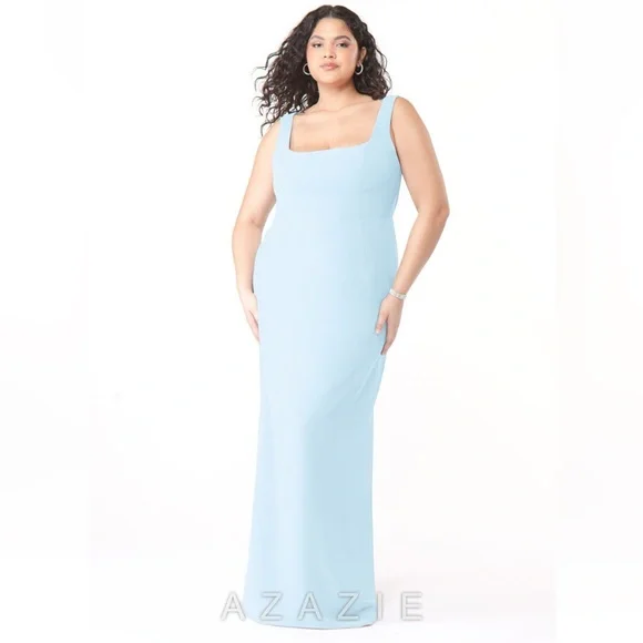 Sky Blue Sheath Square Neck Chiffon Dress - Picture 2 of 9